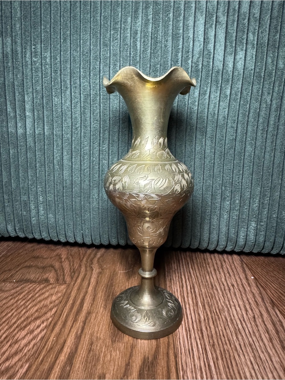 Ornate Floral-Engraved Decorative Vase in Brass Tone